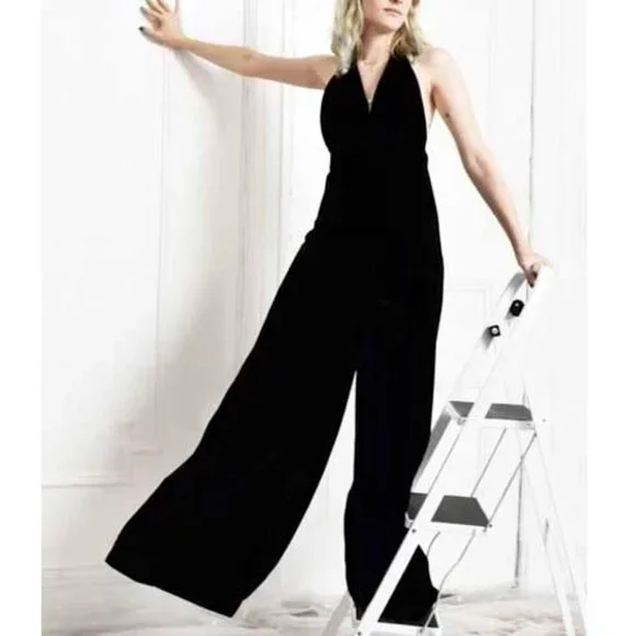 Mindy Malone Womens Rare Vintage 1970s Black Velvet Halter Wide Leg Jumpsuit